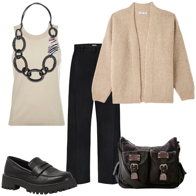 Outfit donna - Total look #1976099. Stile Casual chic per Tutti i giorni. Abbinamento con borse a tracolla, cardigans, mocassini, pantaloni, top, collane.