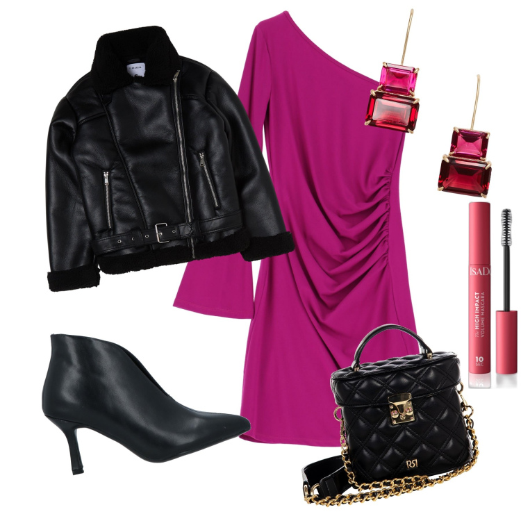 Outfit donna - Mono spalla nella brutta stagione. Stile Chic per Serata fuori. Abbinamento con stivaletti, mascara, blazer, borse a mano, vestiti asimmetrici, orecchini.