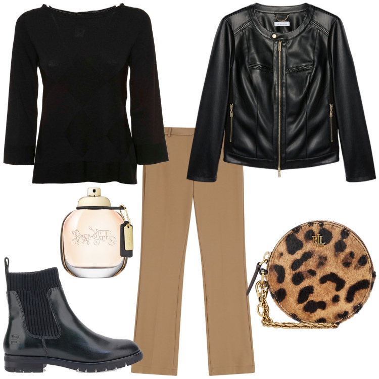Outfit donna - Tocco animalier. Stile Trendy per Tutti i giorni. Abbinamento con profumi, pantaloni, pochette, stivaletti, blazer, maglieria.