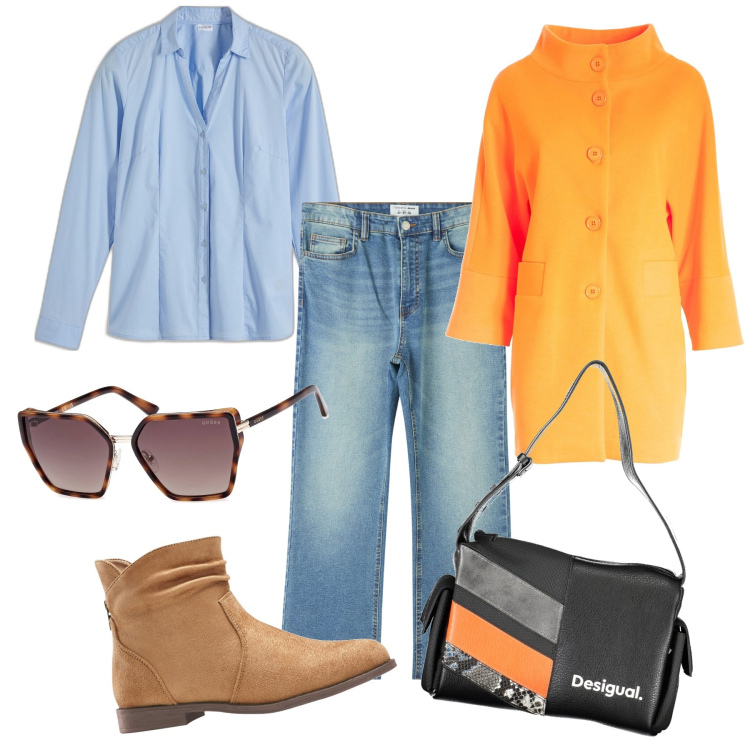 Outfit donna - Il giaccone vitaminico. Stile Casual chic per Tutti i giorni. Abbinamento con camicie, stivaletti, jeans, cappotti, borse a spalla, occhiali da sole.