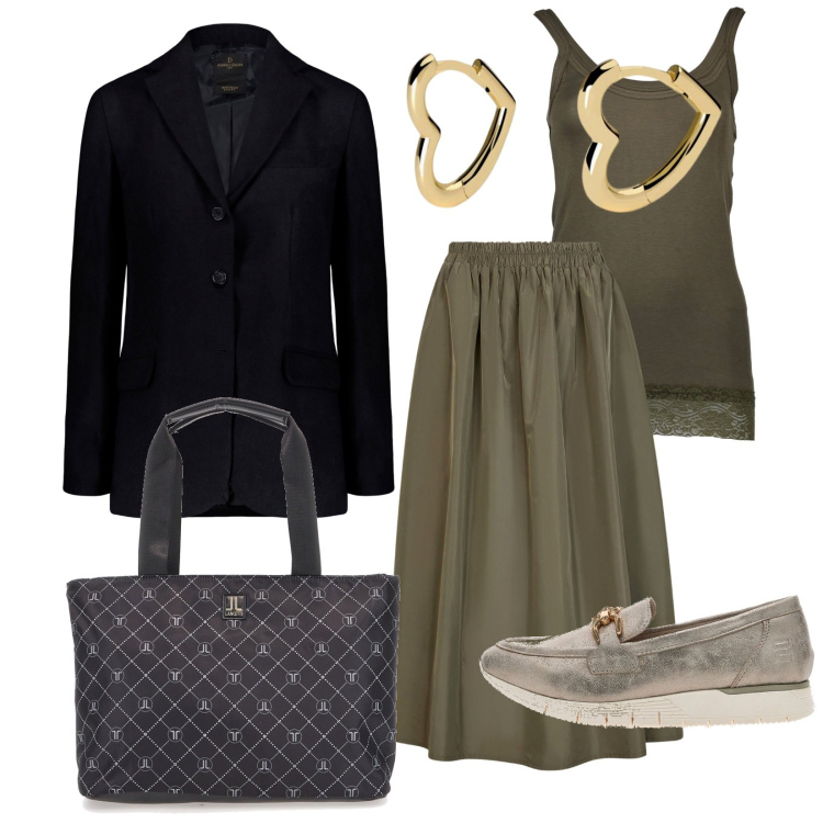 Outfit donna - Stile al lavoro in autunno. Stile Trendy per Ufficio. Abbinamento con orecchini, mocassini, gonne lunghe, blazer, top, borse a spalla.