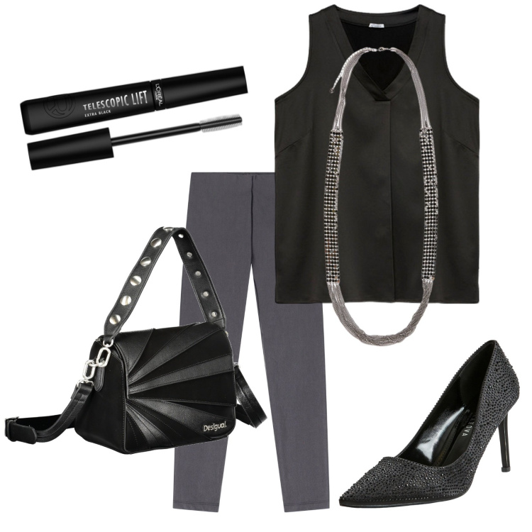 Outfit donna - Un accessorio glamour. Stile Glamour per Serata fuori. Abbinamento con mascara, décolleté, pantaloni skinny, top, borse a spalla, collane.