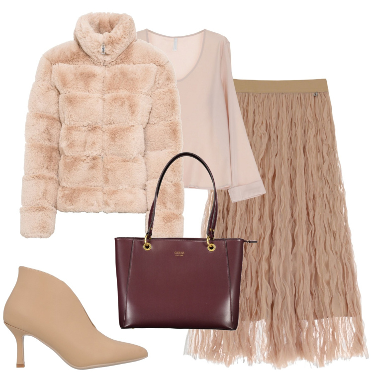 Outfit donna - City. Stile Glamour per Tutti i giorni. Abbinamento con ecopellicce, stivaletti, gonne lunghe, camicie, borse a spalla.