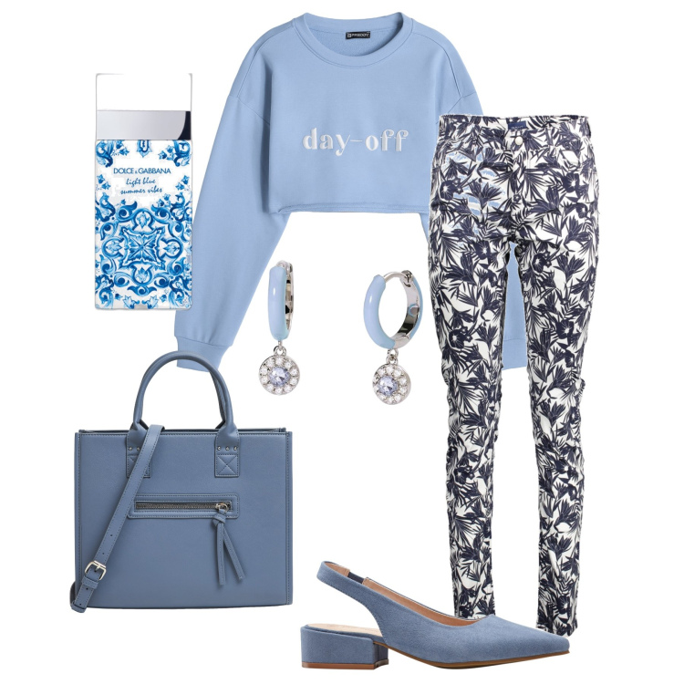 Outfit donna - un aperitivo in blu. Stile Casual per Tutti i giorni. Abbinamento con décolleté, profumi, shopping bag, orecchini, felpe, jeans.