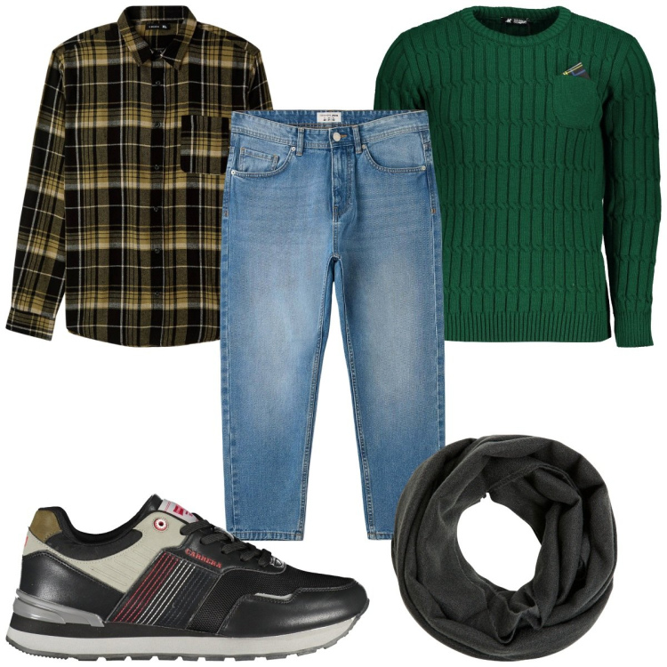 Outfit uomo - Total look #1976170. Stile Casual per Tutti i giorni. Abbinamento con camicie, sciarpe, jeans, sneakers, maglieria.