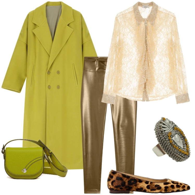 Outfit donna - Serate in green. Stile Glamour per Serata fuori. Abbinamento con cappotti, pantaloni skinny, camicie, ballerine, anelli, borse a tracolla.