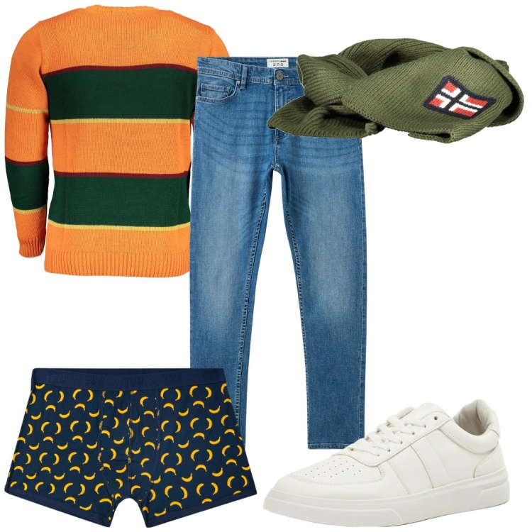 Outfit uomo - La maglieria chunky è trendy!. Stile Trendy per Tutti i giorni. Abbinamento con boxer, jeans skinny, sneakers, sciarpe, maglieria.