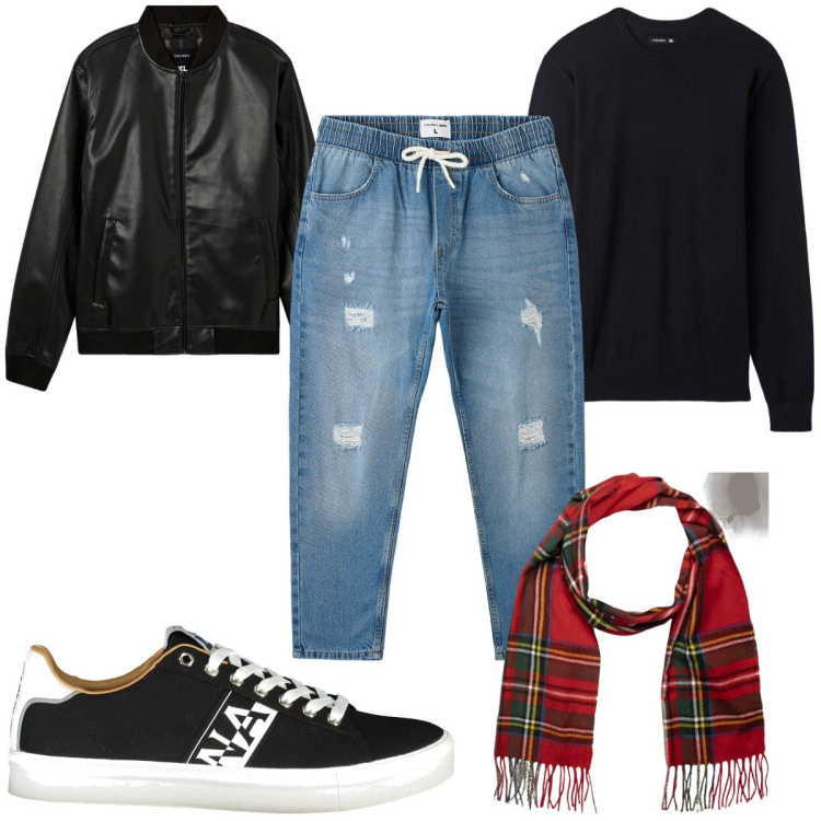 Outfit uomo - Semplicemente... la sciarpa a quadri!. Stile Casual per Tutti i giorni. Abbinamento con maglieria, bomber, jeans strappati, sciarpe, sneakers.