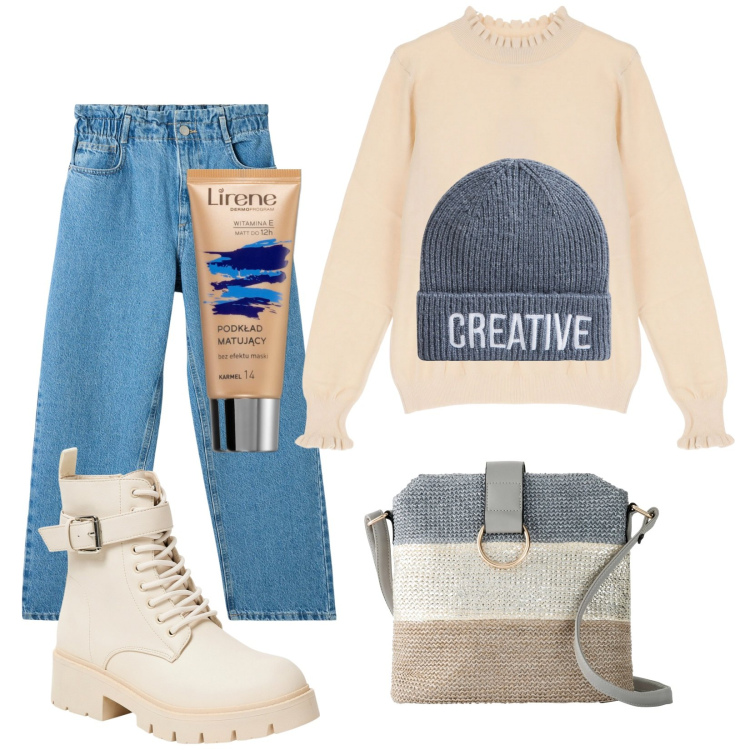 Outfit donna - Total look #1976199. Stile Casual per Tutti i giorni. Abbinamento con borse a tracolla, fondotinta, anfibi, jeans, berretti, maglieria.