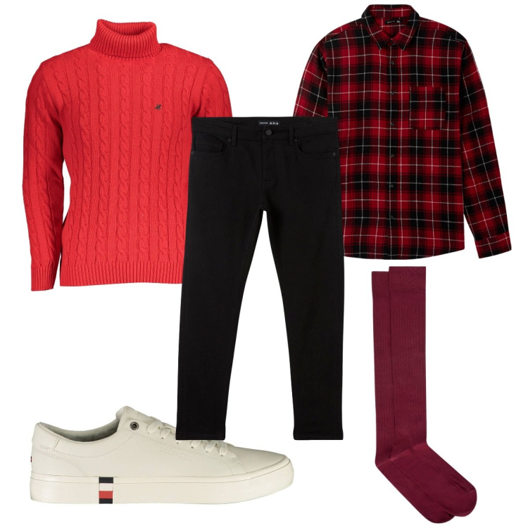 Outfit uomo - Total look #1976211. Stile Trendy per Tutti i giorni. Abbinamento con camicie, pantaloni skinny, calzini, maglieria, sneakers.