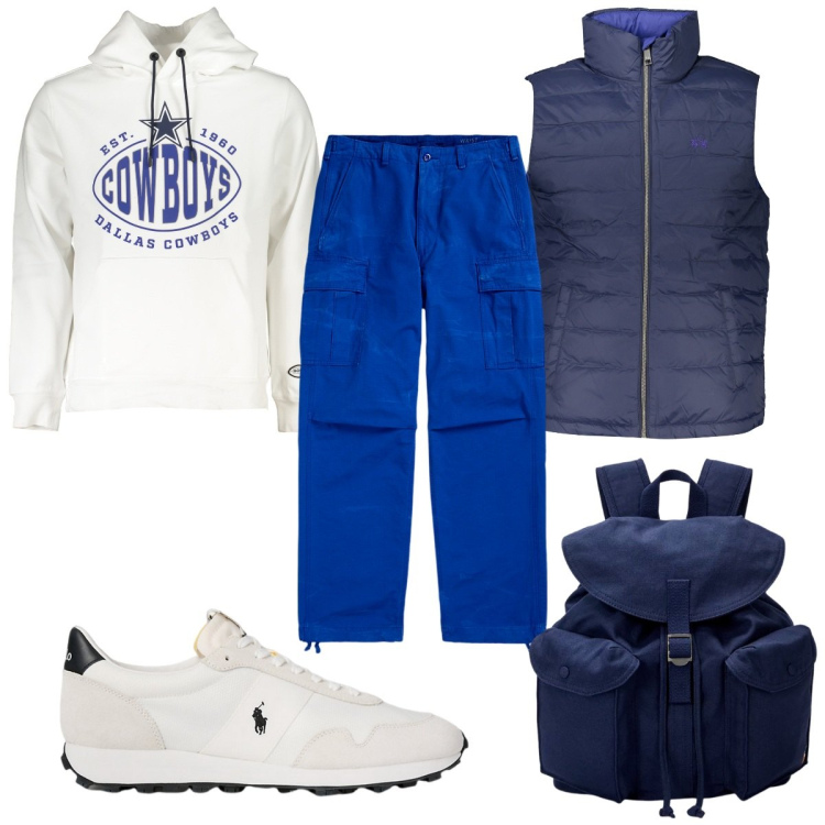 Outfit uomo - Total look #1976221. Stile Trendy per Sport. Abbinamento con borse sportive, pantaloni cargo, sneakers, giacche, felpe con cappuccio.