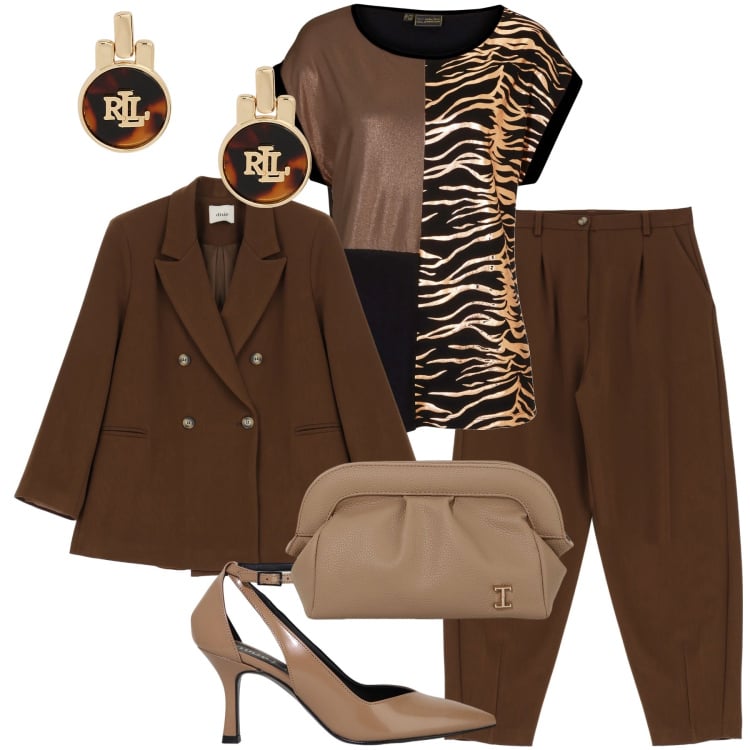 Outfit donna - Completo marrone. Stile Casual chic per Ufficio. Abbinamento con maglieria, borse a mano, orecchini, pantaloni, blazer, décolleté.