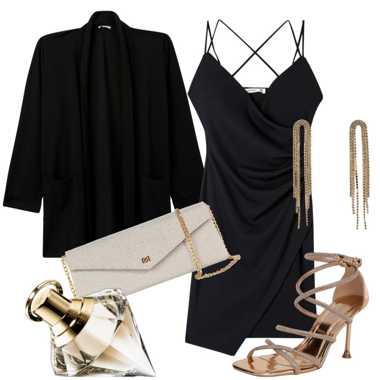 Outfit donna - Total look #1976230. Stile Glamour per Cerimonia. Abbinamento con profumi, sandali col tacco, blazer, vestiti, orecchini, pochette.