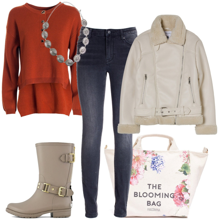 Outfit donna - Total look #1976239. Stile Casual per Ufficio. Abbinamento con blazer, cinture, maglieria, jeans skinny, borse tote, stivali.