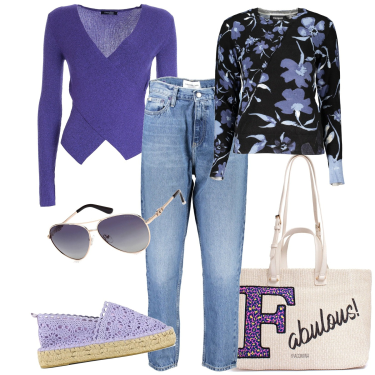 Outfit donna - Total look #1976242. Stile Casual per Tutti i giorni. Abbinamento con maglieria, borse a tracolla, espadrillas, maglieria, jeans mom, occhiali da sole.