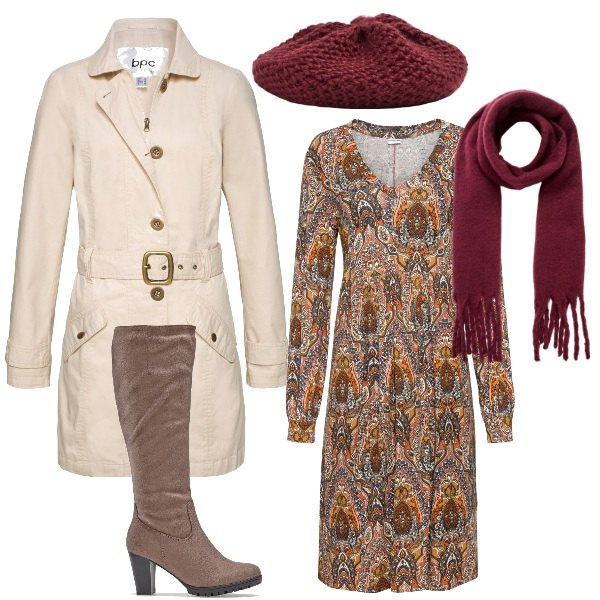 Outfit donna - Stivale in camoscio. Stile Urban per Ufficio. Abbinamento con vestiti, trench, stivali, cappelli e berretti, sciarpe.