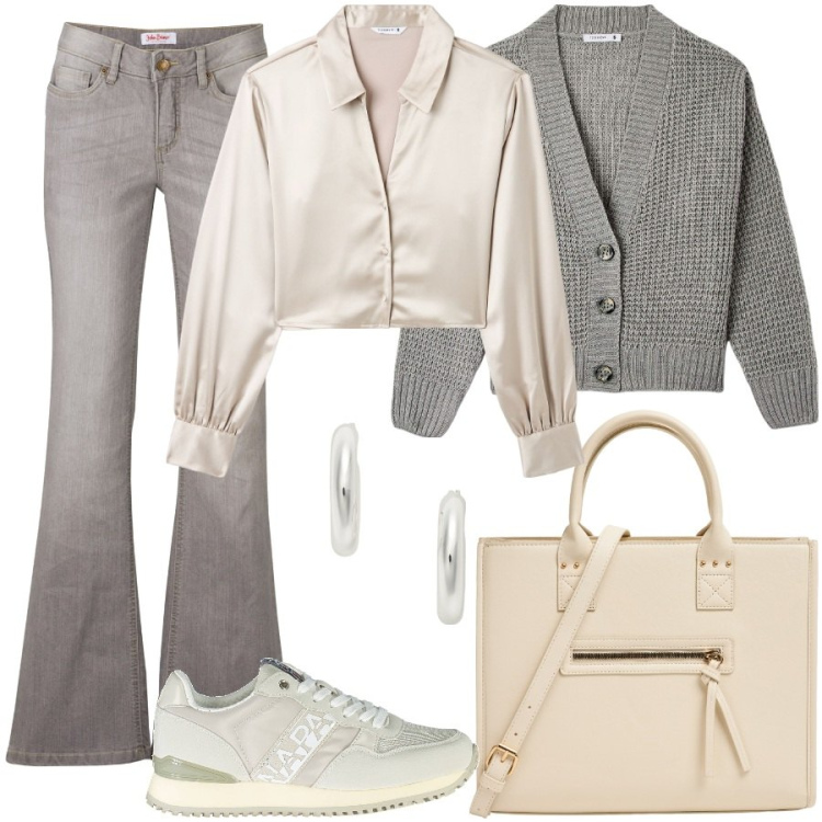 Outfit donna - A lezione. Stile Casual per Scuola/Università. Abbinamento con jeans bootcut, shopping bag, cardigans, camicie, orecchini, sneakers.