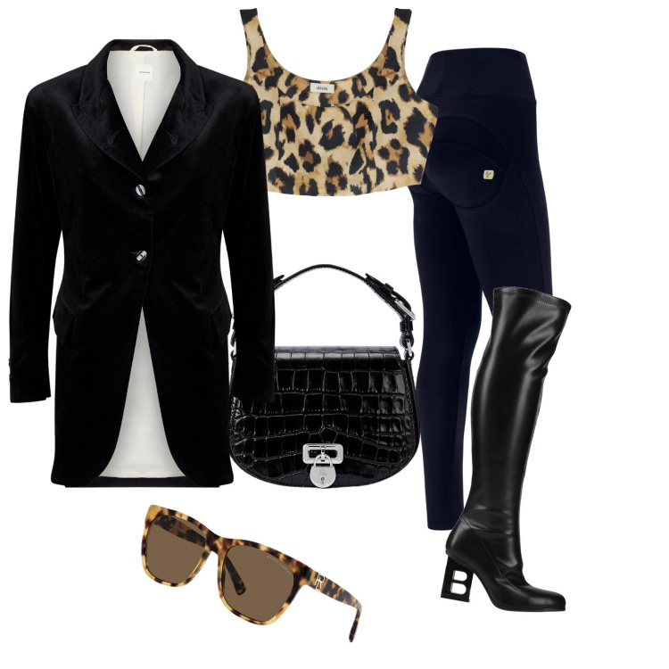 Outfit donna - Total look #1976293. Stile Chic per Serata fuori. Abbinamento con stivali, pantaloni skinny, top, occhiali da sole, borse a tracolla, blazer.