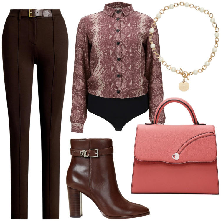 Outfit donna - Total look #1976295. Stile Chic per Ufficio. Abbinamento con body, collane, pantaloni, stivaletti, borse a mano.