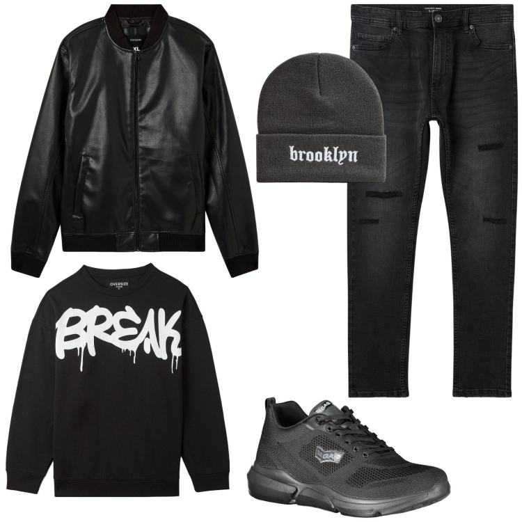 Outfit uomo - Giacca in pelle. Stile Urban per Tutti i giorni. Abbinamento con jeans strappati, felpe, bomber, berretti, sneakers.