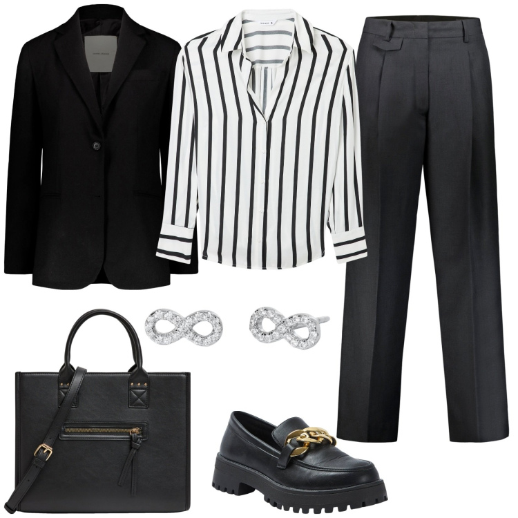 Outfit donna - Complimenti in coordinato. Stile Mannish per Ufficio. Abbinamento con shopping bag, camicie, mocassini, orecchini, pantaloni, blazer.