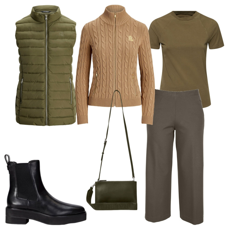 Outfit donna - Giorno di pioggia. Stile Casual per Tutti i giorni. Abbinamento con borse a tracolla, stivaletti chelsea, maglieria, piumini, pantaloni, t-shirt.