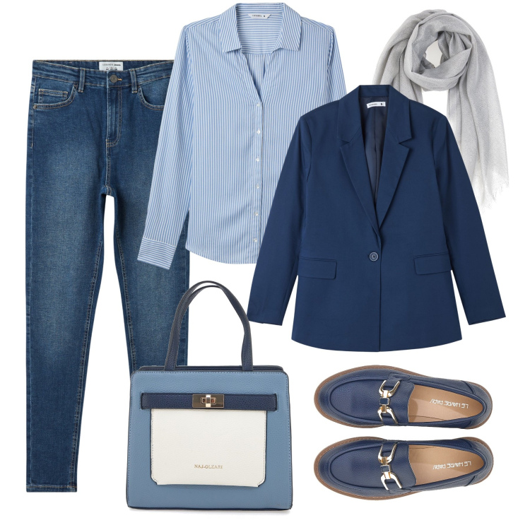 Outfit donna - La mia giornata comoda con stile. Stile Casual chic per Tutti i giorni. Abbinamento con blazer, camicie, jeans skinny, foulard, mocassini, borse a mano.
