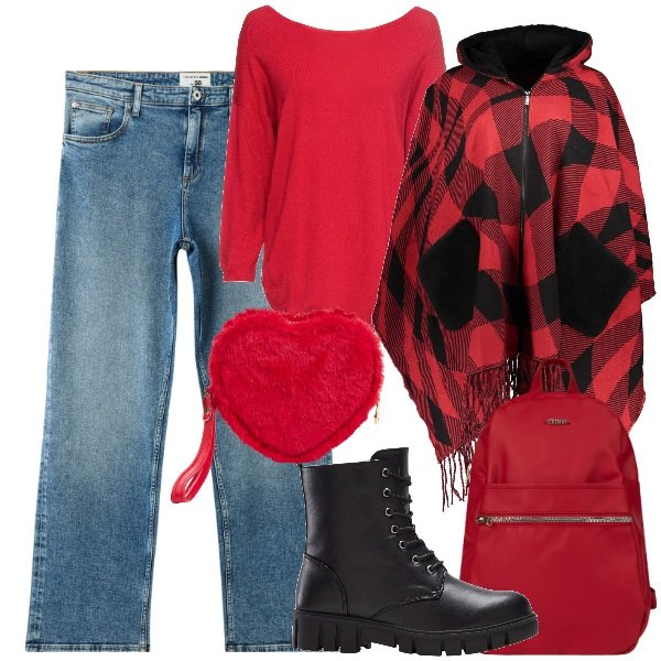 Outfit donna - Curvy giornata di ottobre. Stile Preppy per Scuola/Università. Abbinamento con stivaletti, maglieria, portafogli, jeans dritti, zaini, cappotti.