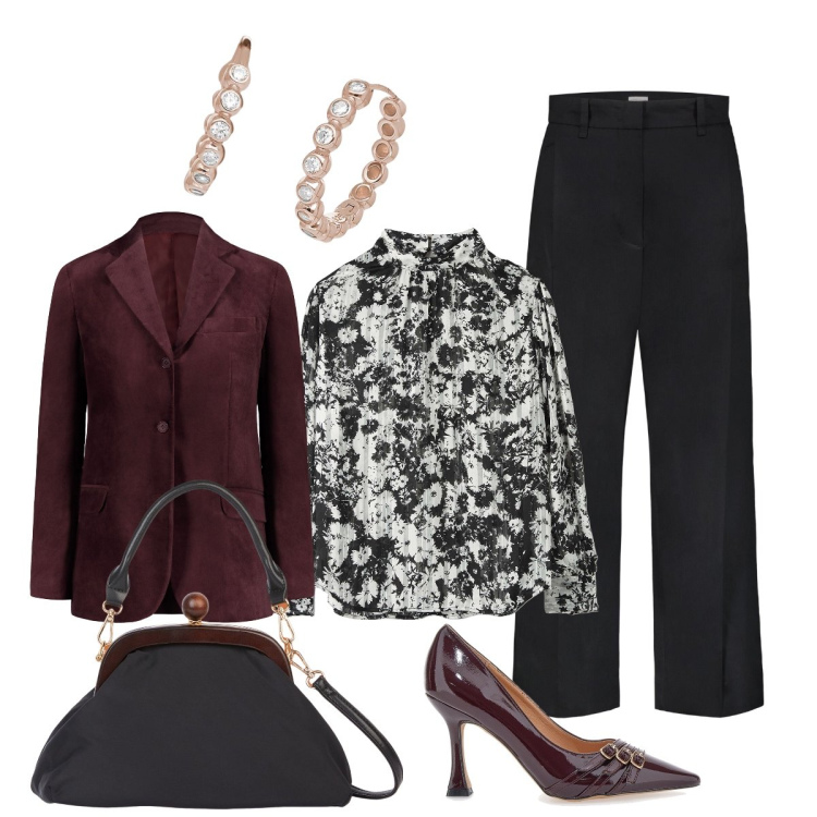 Outfit donna - Minimal ed elegante per questa giornata. Stile Chic per Tutti i giorni. Abbinamento con bluse, orecchini, pantaloni, blazer, décolleté, clutch.