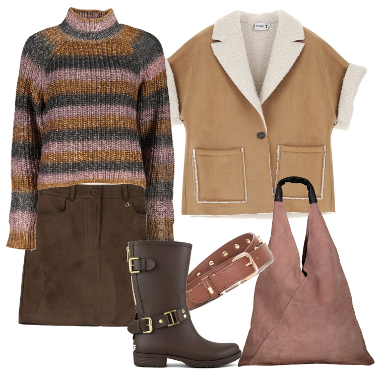 Outfit donna - Gilet e gonna. Stile Casual per Tutti i giorni. Abbinamento con cinture, blazer, minigonne, stivali, borse a spalla, maglieria.