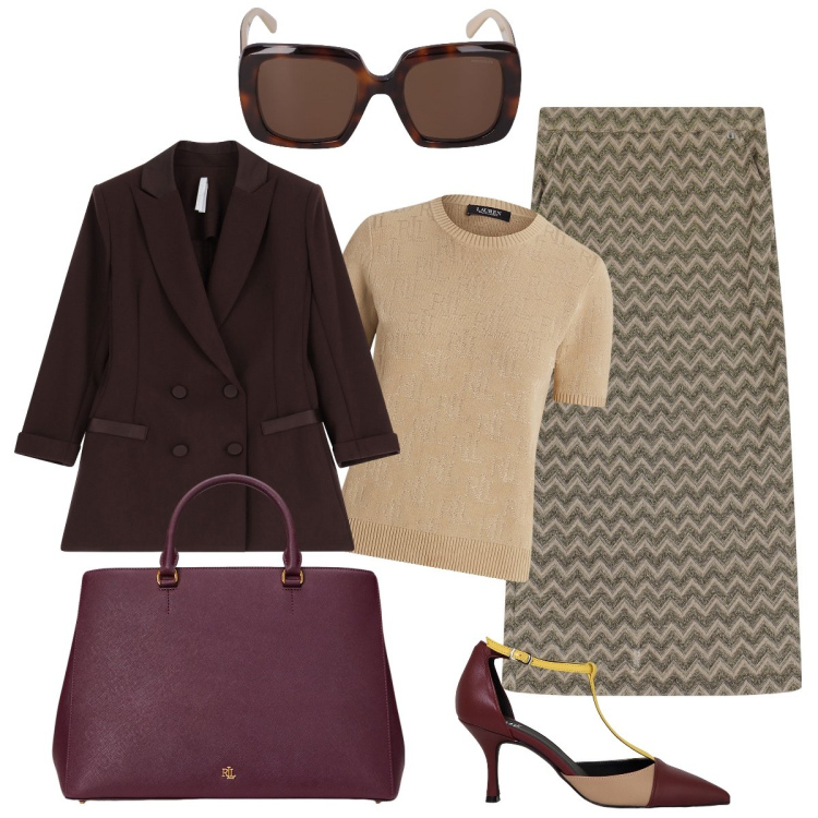 Outfit donna - La borsa capiente è i maxi occhiali. Stile Chic per Tutti i giorni. Abbinamento con blazer, gonne lunghe, décolleté, borse a mano, maglieria, occhiali da sole.