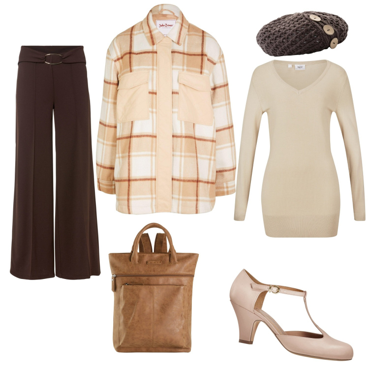 Outfit donna - Libera e bella. Stile Urban per Tutti i giorni. look ideale per Petite. Abbinamento con maglieria, zaini, berretti, pantaloni a palazzo, décolleté, cappotti.