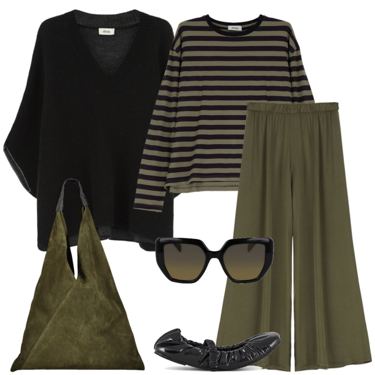 Outfit donna - Total look #1976407. Stile Casual chic per Tutti i giorni. Abbinamento con pantaloni, maglieria, cappotti, ballerine, borse a spalla, occhiali da sole.