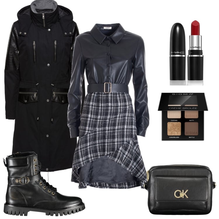 Outfit donna - Total look #1976408. Stile Rock per Serata fuori. Abbinamento con parka, ombretti, rossetti, vestiti asimmetrici, stivali, borse a tracolla.