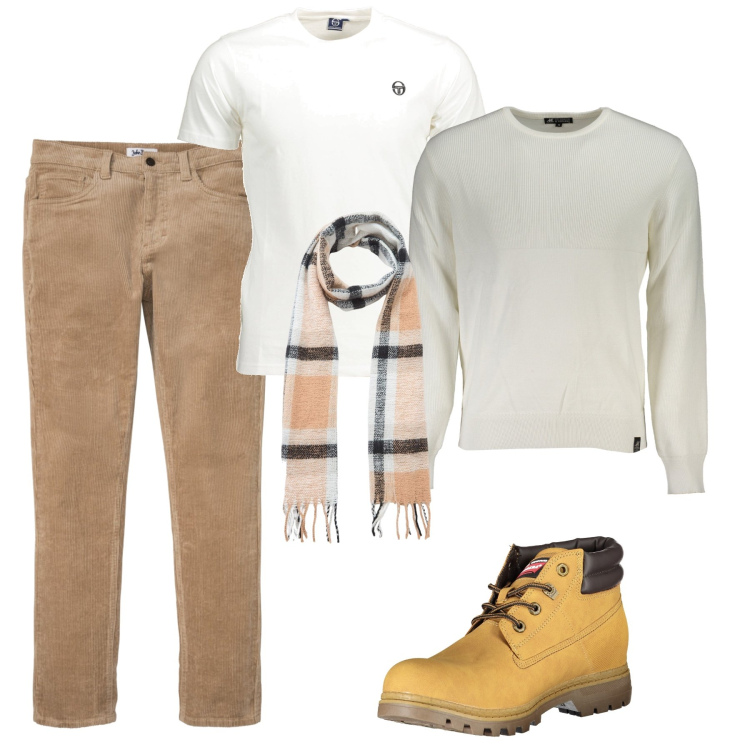 Outfit uomo - Il ritorno del velluto. Stile Casual per Tutti i giorni. Abbinamento con pantaloni, sciarpe, maglieria, stivali, t-shirt.