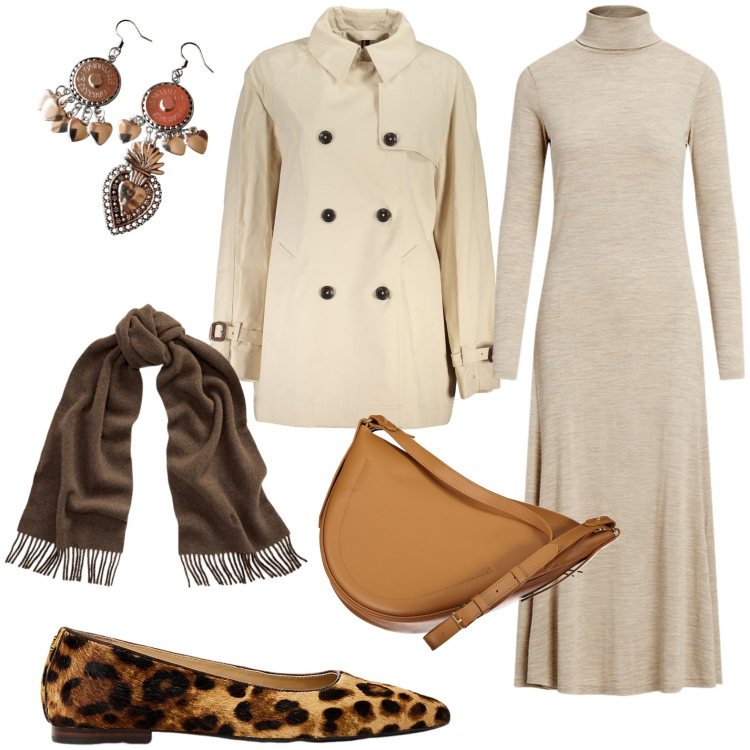 Outfit donna - Total look #1976412. Stile Casual chic per Tutti i giorni. Abbinamento con sciarpe, vestiti, ballerine, trench, orecchini, borse a tracolla.