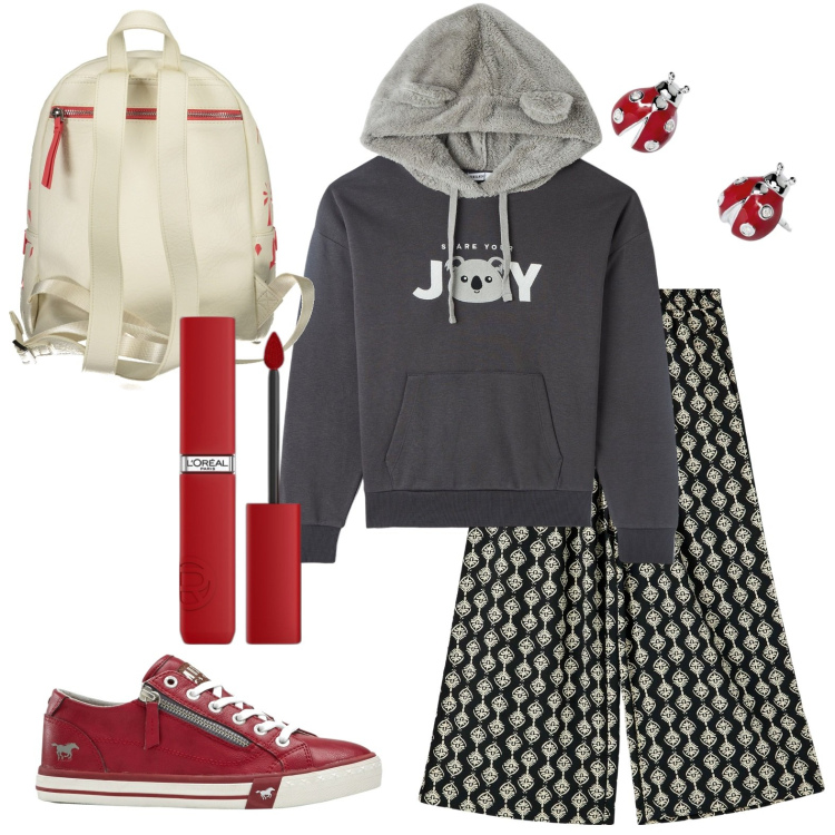 Outfit donna - Total look #1976417. Stile Casual per Tutti i giorni. Abbinamento con sneakers, rossetti, pantaloni a palazzo, felpe con cappuccio, orecchini, zaini.