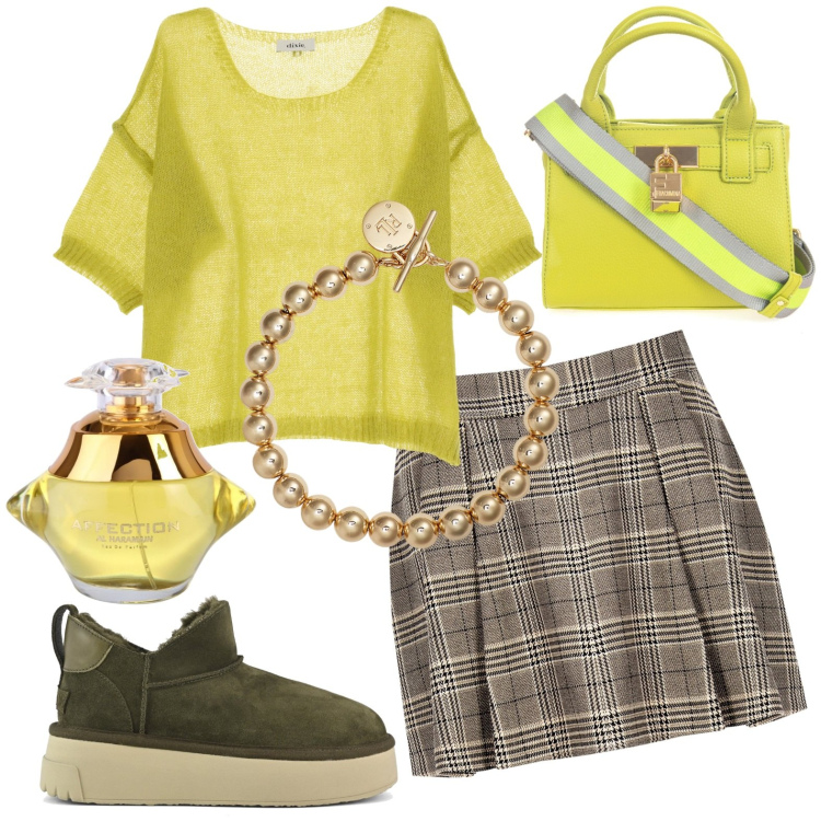 Outfit donna - Total look #1976421. Stile Casual per Tutti i giorni. Abbinamento con profumi, minigonne, borse a tracolla, braccialetti, pullovers, stivali.