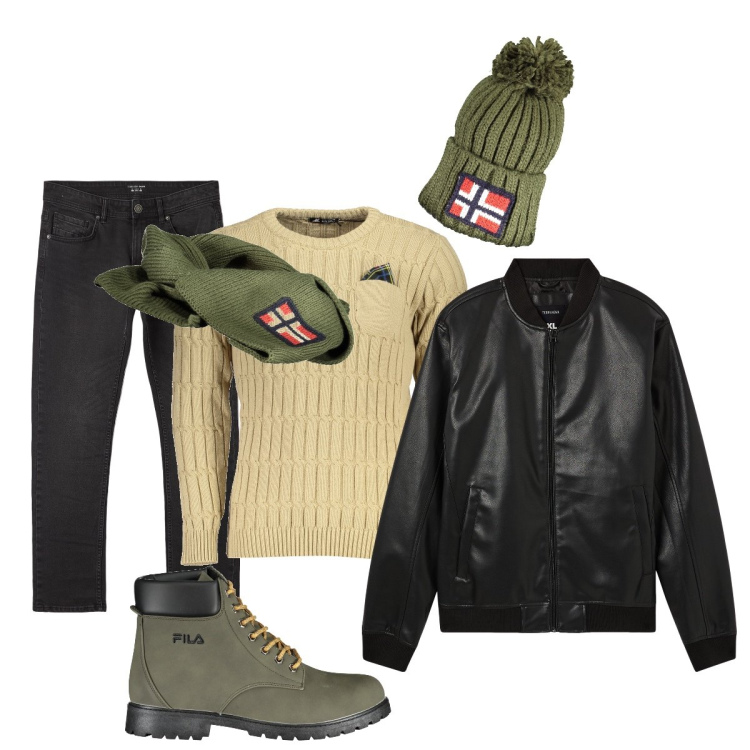 Outfit uomo - Giacca in pelle e accessori verdi. Stile Casual per Tutti i giorni. Abbinamento con bomber, jeans dritti, maglieria, stivali, sciarpe, berretti.