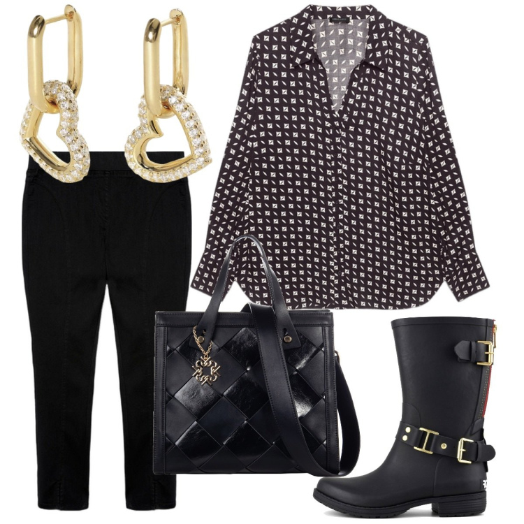 Outfit donna - Coordinata. Stile Casual chic per Ufficio. Abbinamento con orecchini, borse a mano, stivali, camicie, jeggings.