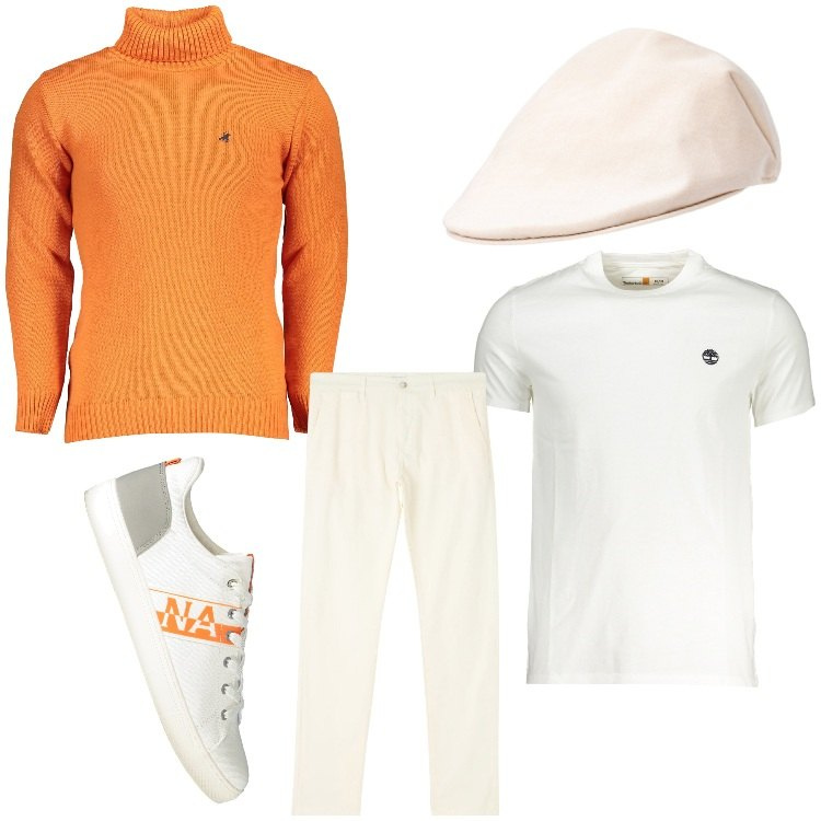 Outfit uomo - Arancio e bianco. Stile Casual per Tutti i giorni. Abbinamento con pantaloni chino, cappelli e berretti, t-shirt, maglieria, sneakers.