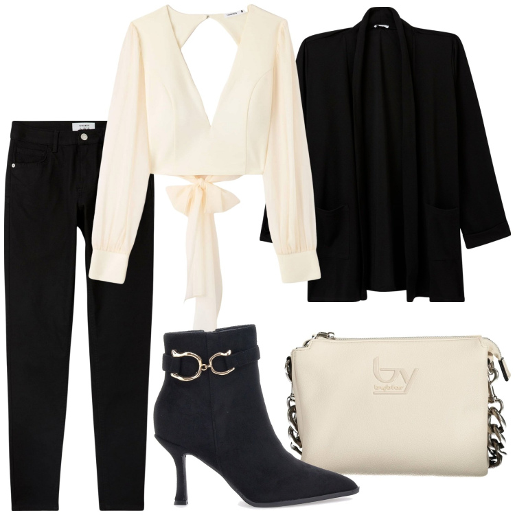 Outfit donna - Il mio autunno. Stile Chic per Serata fuori. Abbinamento con pantaloni skinny, bluse, blazer, stivaletti, borse a spalla.