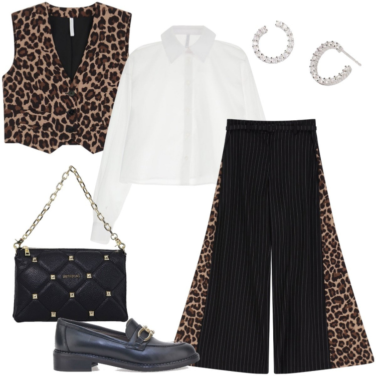 Outfit donna - Tocchi animalier ad ottobre. Stile Trendy per Serata fuori. Abbinamento con orecchini, pantaloni a palazzo, gilet, camicie, borse a spalla, mocassini.