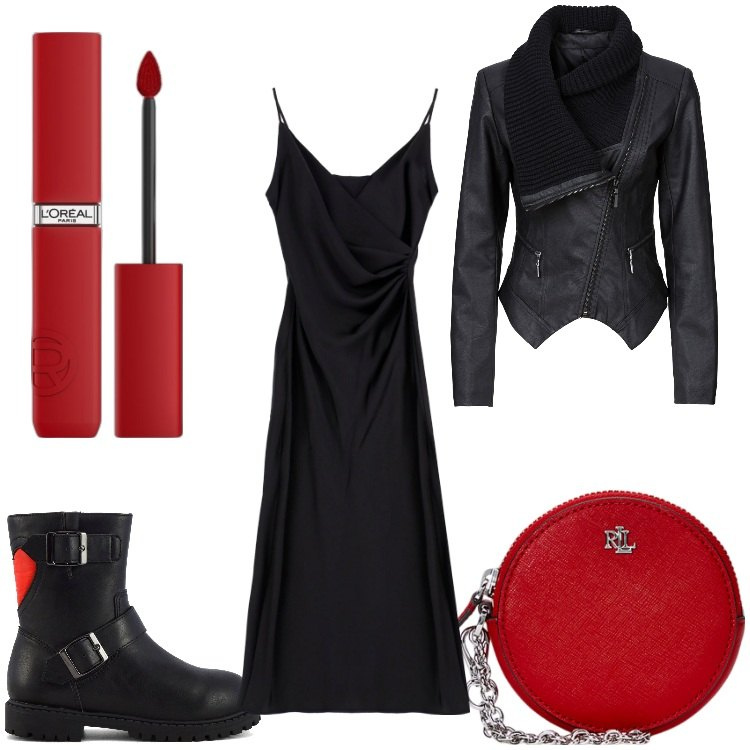 Outfit donna - Nera di notte. Stile Casual chic per Serata fuori. Abbinamento con blazer, rossetti, vestiti midi/longuette, pochette, stivaletti.