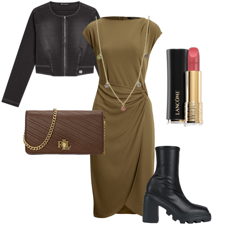 Outfit donna - Il tubino con gli anfibi. Stile Trendy per Serata fuori. Abbinamento con stivaletti, rossetti, ciondoli, blazer, vestiti, borse a mano.