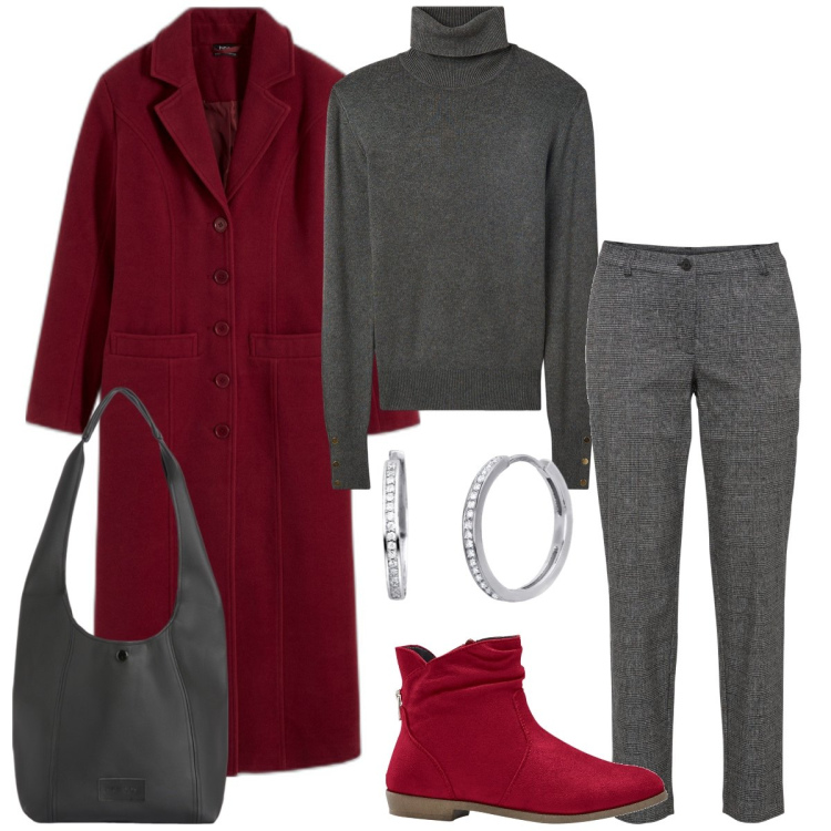 Outfit donna - Ufficio. Stile Casual chic per Ufficio. Abbinamento con pantaloni, stivaletti, cappotti, maglieria, orecchini, borse a spalla.