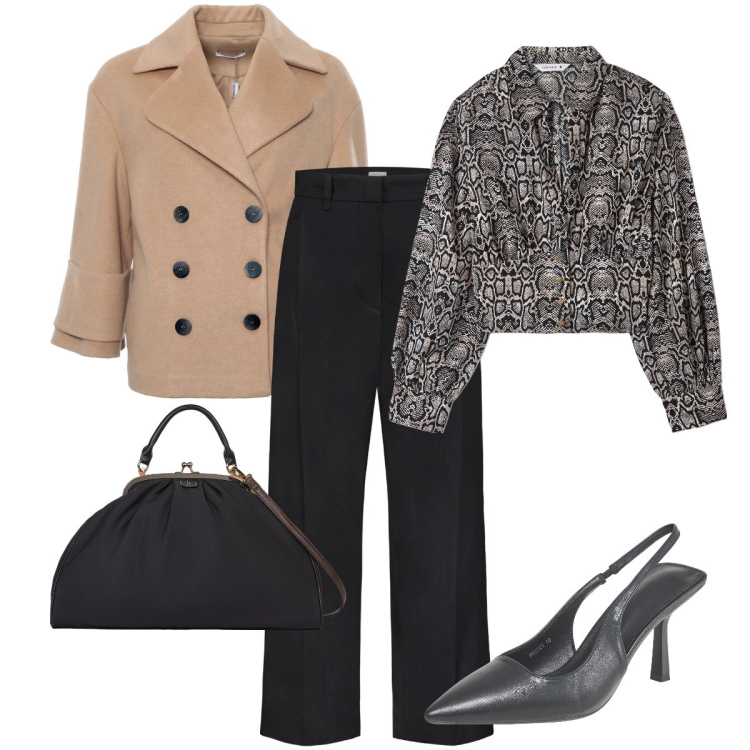 Outfit donna - La blusa pitonata. Stile Bon Ton per Serata fuori. Abbinamento con bluse, décolleté, cappotti, pantaloni, borse a tracolla.