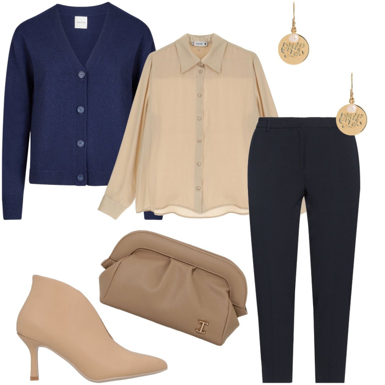 Outfit donna - Bon ton classico. Stile Bon Ton per Serata fuori. Abbinamento con pantaloni, stivaletti, camicie, borse a mano, orecchini, cardigans.