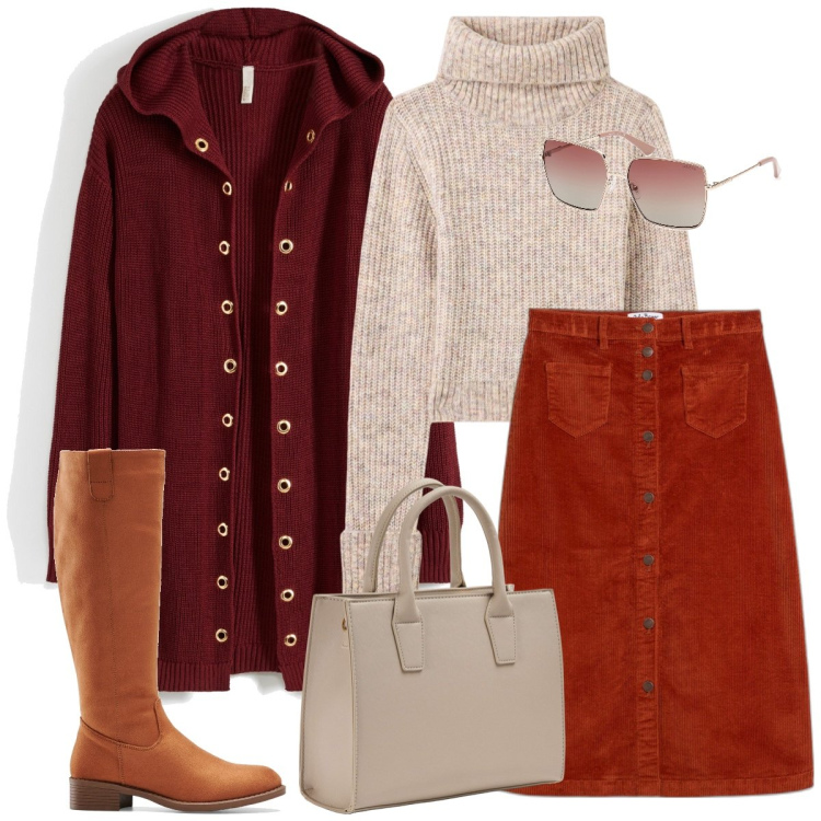 Outfit donna - Velluto. Stile Casual per Tutti i giorni. Abbinamento con stivali, gonne longuette, cardigans, shopping bag, maglieria, occhiali da sole.