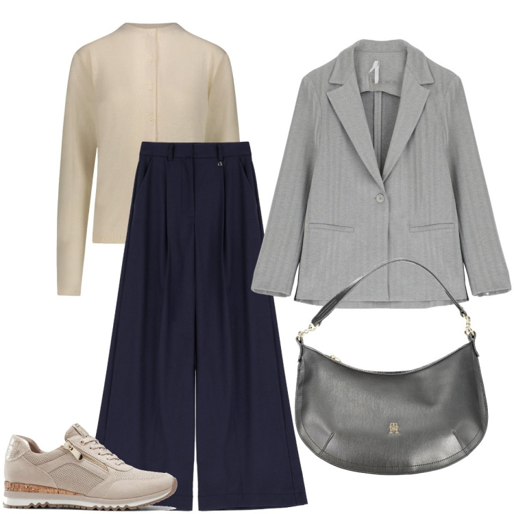 Outfit donna - Giacca e sneakers. Stile Casual chic per Ufficio. Abbinamento con sneakers, blazer, pantaloni, cardigans, borse a spalla.
